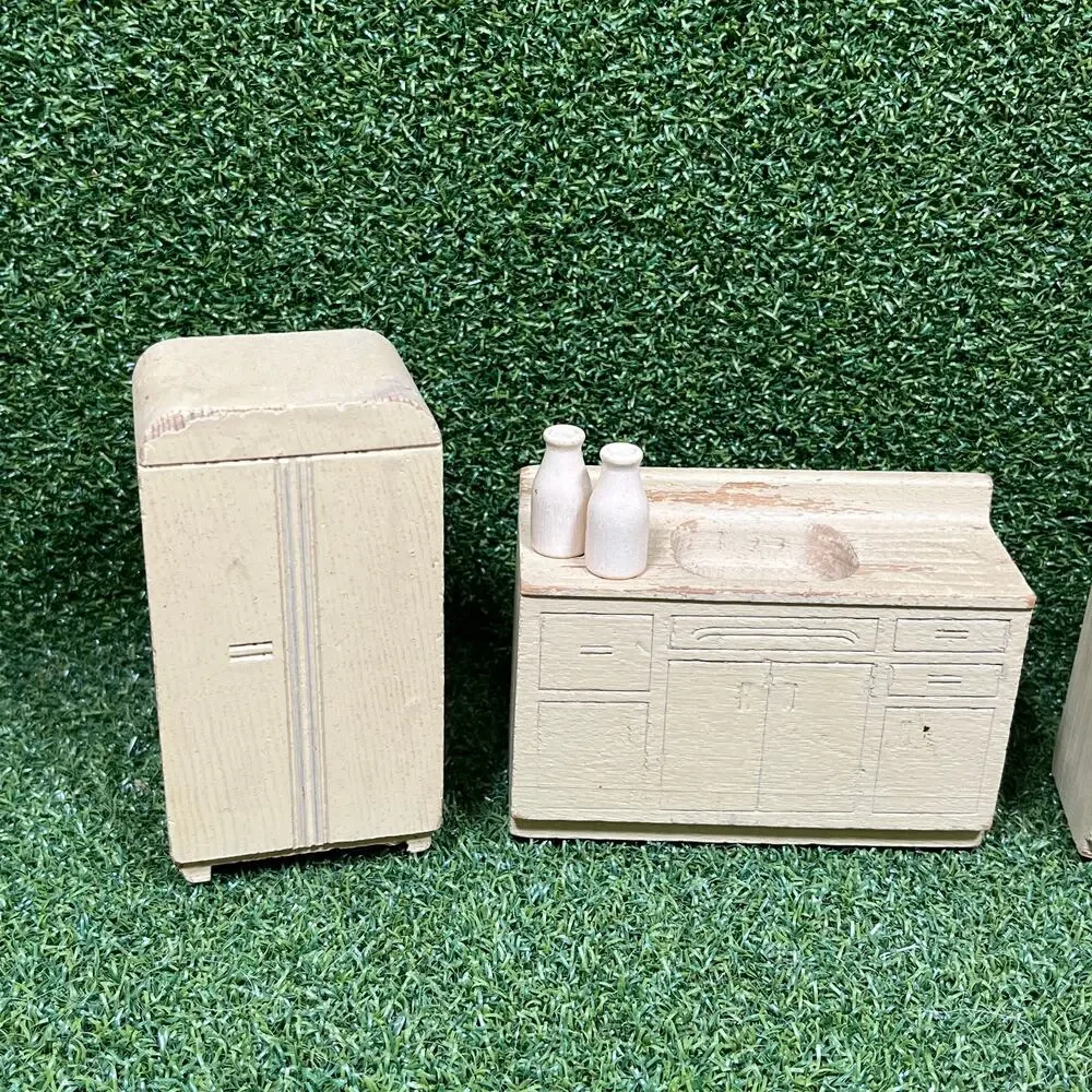 Vintage Strombecker Wooden Dollhouse Kitchen Refrigerator Sink Cleaning Set